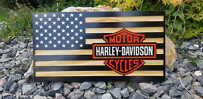 #ad 22x11 Wooden Harley Davidson Flag sign art wall decor motorcycle $74.99