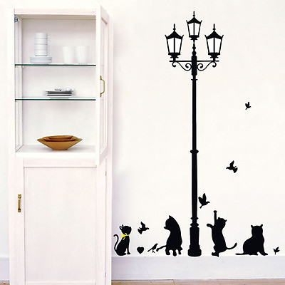 #ad Large Black Cats Street Lamp Home Decor Wall Stickers for Bedroom Sittingroom $2.93