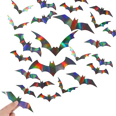 #ad 144Pcs Halloween Bat Wall Decor 3D Black Iridescent Bat Wall Stickers Hologr... $10.69