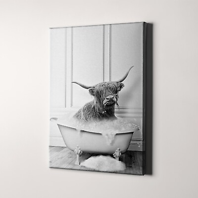 #ad Highland Cow In Bathtub taking Bubble Bath Funny Bathroom Canvas Wall Art Print $49.00
