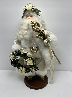 #ad 16” Standing Christmas Decor Winter Wonderland Santa White Gold W Staff Wreath $37.99