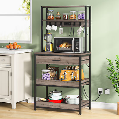 #ad Kitchen Bakers Rack with Power Outlets Microwave Stand Storage Shelf w Drawer $122.34