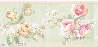 #ad Victorian Pink Cream Rose Floral Flower Light Green Silk Satin Wall paper Border $29.99