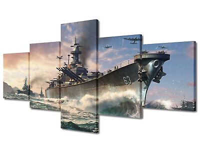 #ad 5 Panel Wall Art Navy Blue and White Painting Battleship Picture Prints on Ca... $92.18