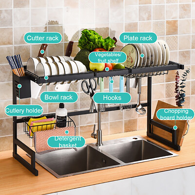 2 Tier Dish Drying Rack Over Sink Steel Kitchen Holder Drain Board Set Stainless $30.39