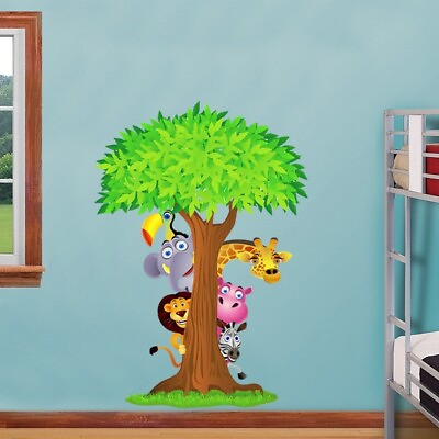 #ad SAFARI ANIMALS TREE Decal Removable WALL STICKER Decor Art Nursery Kids Room $43.99
