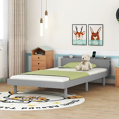 #ad #ad Modern Design Twin Size Platform Bed Frame with Built in USB port for Grey Color $233.30