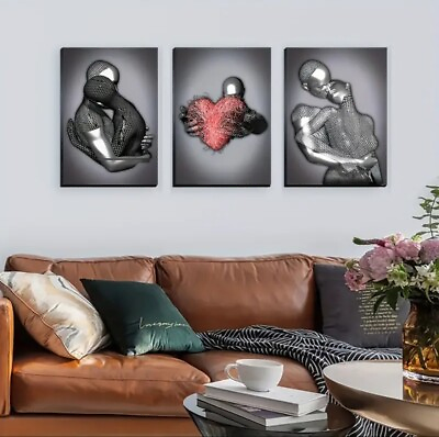 #ad Framed 3 Pcs Love Heart 3d Wall Art Metal Sculpture Romantic Couple Hug Abstract $28.50
