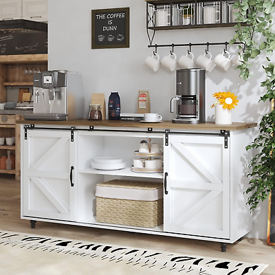 #ad Famhouse Coffee Bar Cabinet 58”Kitchen Coffee Bar Cabinet with Storage White C $224.99