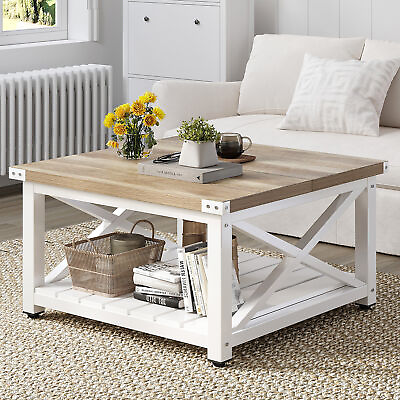 #ad Modern Farmhouse Coffee Table Wood Square Center Table with Open Storage Shelf $78.98