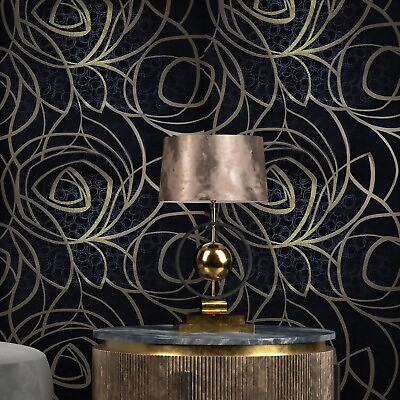 #ad Modern Matt Black beige gold art abstract lines contemporary wallpaper 3D WH2666 $4.99