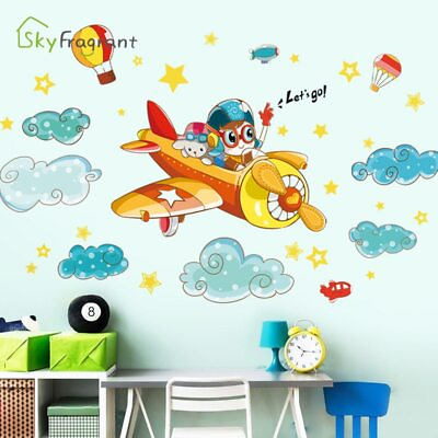 #ad Creative Cartoon Sky Plane Child Wall Stickers For Kids Rooms Boy Girl Bedroom $15.99