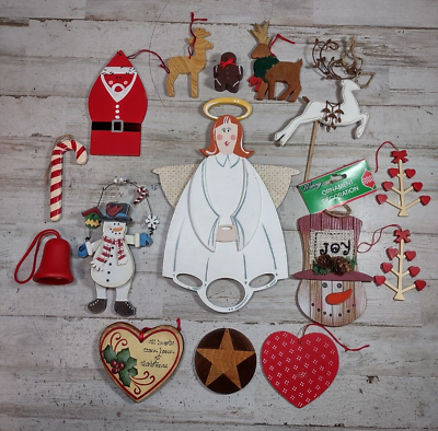 #ad 15 Rustic Wooden Christmas Ornaments Decorations Farmhouse Santa Tree Reindeer $35.42
