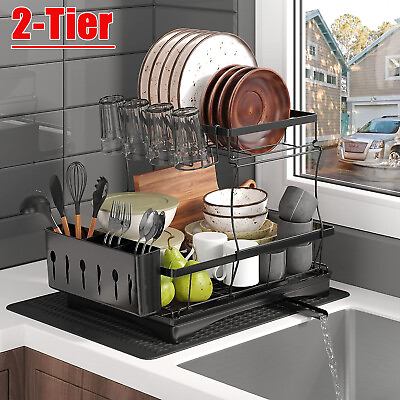 2Tier Dish Drying Rack Over Sink Steel Kitchen Holder Drain Board Set Adjustable $15.99