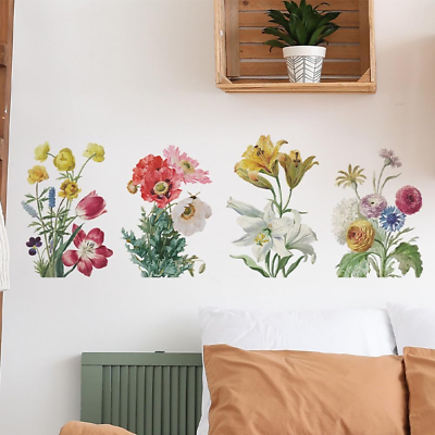 #ad 4Pcs Set Flowers Decals Wall Stickers Waterproof Vinyl Murals $13.99
