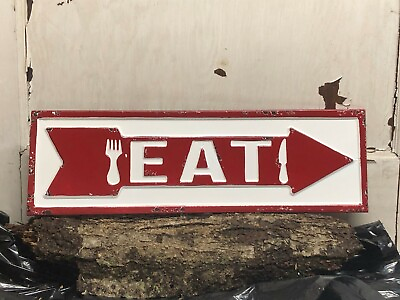 #ad #ad Eat Sign RedEmbossed Distressed Arrow 19quot; x 6quot; Metal Sign Kitchen Cafe $17.99