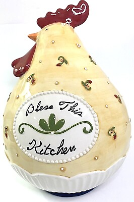 #ad Rooster Bless This Kitchen Yellow Red Green White 10.5quot; Tall 24.5quot; Round Ceramic $29.99
