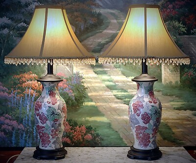 #ad Vintage Oriental Asian Ceramic Table Lamps Pair with Beaded Shades 26quot; x 15quot; $150.00