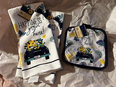 #ad Happiness Grows Here 2 coordinating kitchen towels and pot 2 holders $15.00