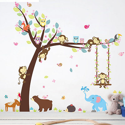 #ad Huge Wall Stickers Monkey Animal Jungle Zoo Tree Nursery Baby Kids Room Decal $7.45