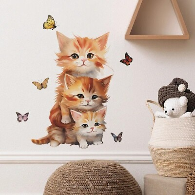 #ad Cartoon Cat Butterfly Decal 3D Removable Wall Sticker Kids Room Decor Xmas Gift $3.99