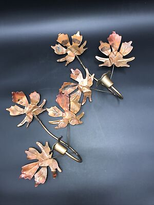 #ad 2 Maple Leaf Wall Decor Metal Bronze Copper Gold Tone Candle Holder MidCentury $25.00