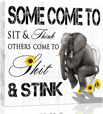 #ad Funny Bathroom Canvas Wall Art: Black White Elephant with Sunflower Picture Prin $19.99