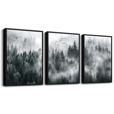 #ad Black Framed Wall Art For Living Room Modern Decorations Bedroom Foggy Forest... $57.91