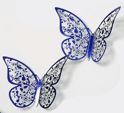 #ad NEW 12 Pc Metallic Royal Blue 3D Butterflies Hollow Retro Posable Wall Decor B3 $15.99