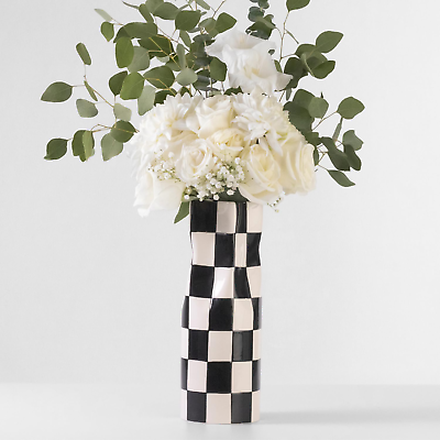 #ad Large Checkered Vase Modern Home Decor Decorative Ceramic Flower Vase Aesthet $57.99