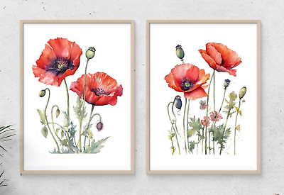 #ad Floral Wall Art Prints Set of 2 Red Poppies Wall Art Prints Home Decor $12.99