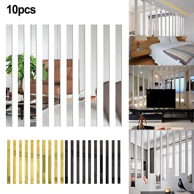 #ad 10Pcs Long Strip Acrylic Mirror Mosaic Wall Stickers for Stylish Space Decor $11.78
