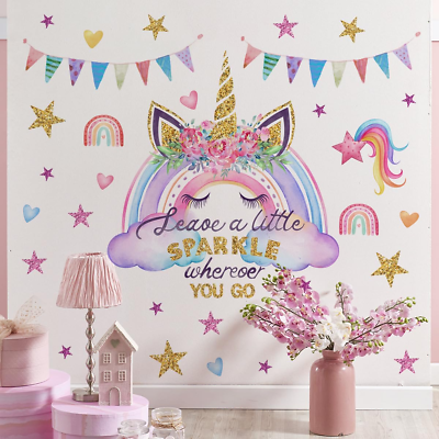 #ad Unicorn Wall Decals Rainbow Quotes Peel and Stick Wall Art Stickers for Girls Be $21.78