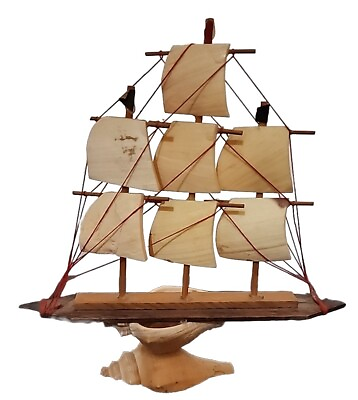 #ad #ad Seashell Art Sailboat Schooner Seashells and Wood 7 in. Nautical Vintage Decor $14.99