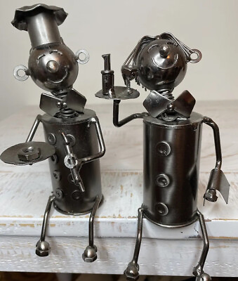 #ad #ad Hand Sculpted Metal Upcycled Happy Chefs 7 Inch Kitchen Decor Shelf Sitters Pair $19.99