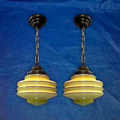 #ad Pair Brass Pendant Lights Nice Rare Art Deco Shades Rewired KB $980.00