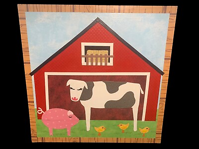 #ad Folk Art Farm Scene Tape Art Cow Pig Chicken Red Barn Hand made Signed 12quot; SQ $35.00