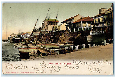 #ad #ad 1906 Schooner Boats Buildings Sea Wall at Panama Posted Antique Postcard $29.95