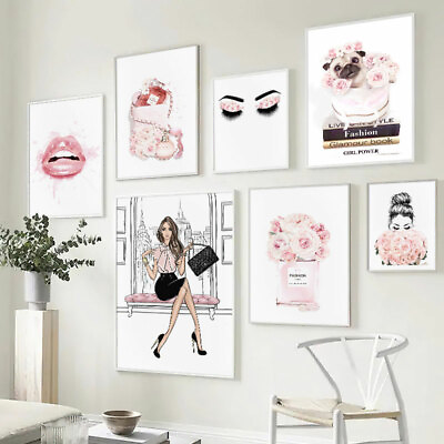 #ad Fashion Girl Wall Print Lashes Lips Pink Flower Canvas Poster Modern Home Decor $7.73
