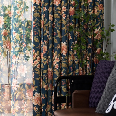 #ad American Rustic Curtains Semi shade Bedroom Flower Window Curtain Coarse $210.00