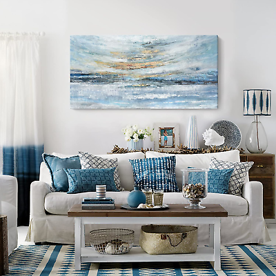 #ad Extra Large Wall Art for Living Room Light Blue Gold Framed Huge Canvas Print $223.78