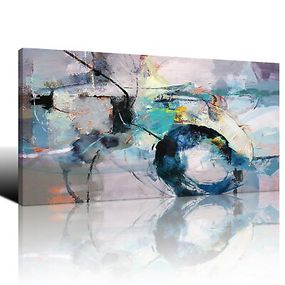 #ad Large Wall Art Abstract Living Room Wall Decor Teal Modern Blue Grey Picture ... $213.28