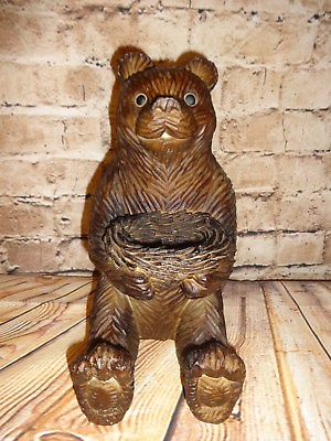 #ad Sitting Brown Bear Holding Nest Basket Carved Resin Cabin Rustic North Decor 11quot; $79.99