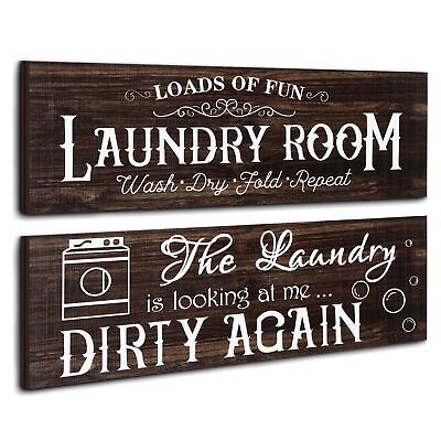 #ad 2 Pcs Laundry Room Wooden Signs Decor Rustic Family Laundry Room Wall Decor Wood $18.09