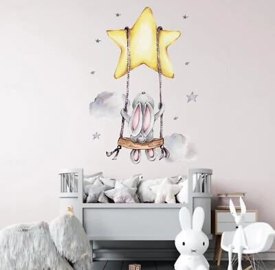 #ad Bunny Baby Nursery Wall Stickers Cartoon Stars Wall Decals vinyl pink AU $19.90