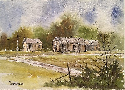 #ad 5X7 Original Pamela Wilhelm Watercolor Rustic North Dakota Homestead windbreak $24.00