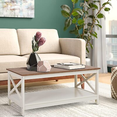 #ad Coffee Table Rustic Table with Storage Shelf Wood Look Furniture for Living Room $99.99