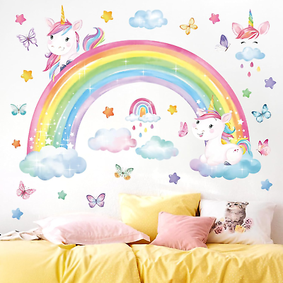 #ad Rainbow Unicorn Wall Decals Butterfly Clouds Stars Wall Stickers Girls Bedroom B $38.99