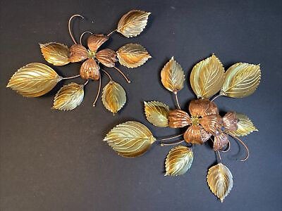#ad Vtg Floral Brass Copper Wall Decor Metal Art Dogwood Flowers Leaves MCM 2 Pieces $11.20