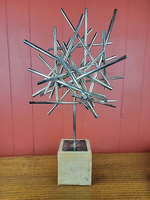 #ad 1960s Metal Abstract Starburst Decor On Wooden Base No Signature 24quot; $174.99